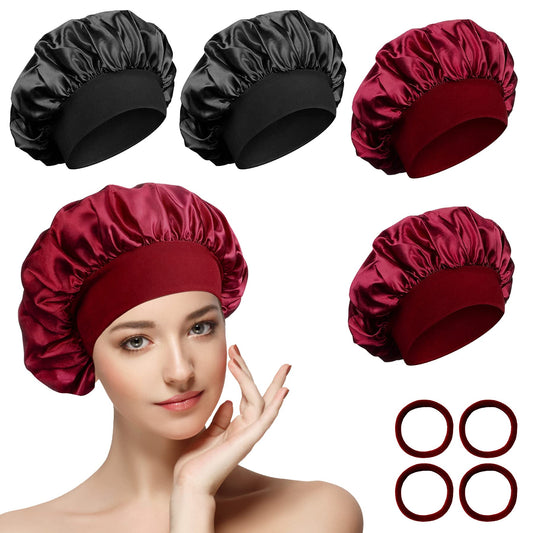 4 Pièces Bonnet Satin Cheveux Nuit et 4 Elastiques à Cheveux, Bonnet de Sommeil Chapeau Nuit en Satin à Large Band Élastique Bonnets de Nuit Doux pour Femmes Cheveux Longs Cheveux Bouclés