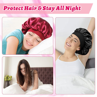 4 Pièces Bonnet Satin Cheveux Nuit et 4 Elastiques à Cheveux, Bonnet de Sommeil Chapeau Nuit en Satin à Large Band Élastique Bonnets de Nuit Doux pour Femmes Cheveux Longs Cheveux Bouclés