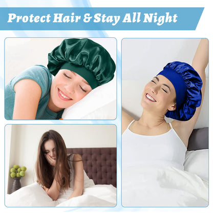 4 Pièces Bonnet Satin Cheveux Nuit et 4 Elastiques à Cheveux, Bonnet de Sommeil Chapeau Nuit en Satin à Large Band Élastique Bonnets de Nuit Doux pour Femmes Cheveux Longs Cheveux Bouclés