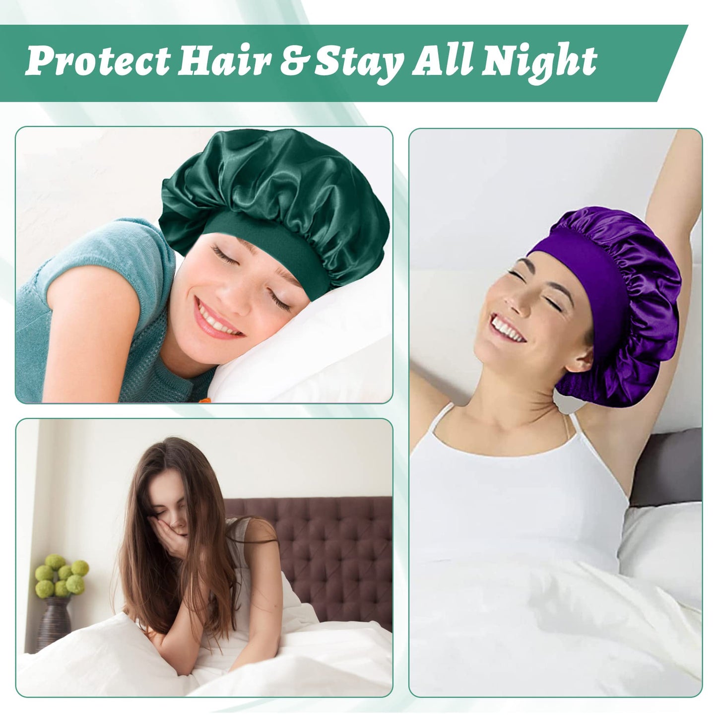 4 Pièces Bonnet Satin Cheveux Nuit et 4 Elastiques à Cheveux, Bonnet de Sommeil Chapeau Nuit en Satin à Large Band Élastique Bonnets de Nuit Doux pour Femmes Cheveux Longs Cheveux Bouclés