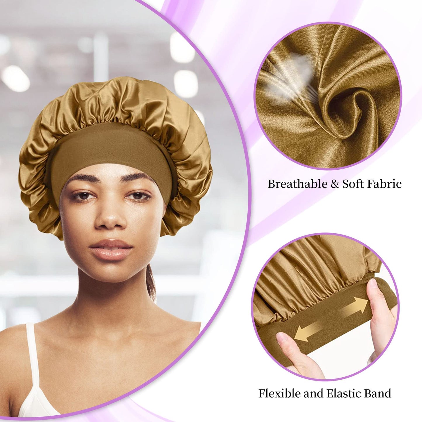 4 Pièces Bonnet Satin Cheveux Nuit et 4 Elastiques à Cheveux, Bonnet de Sommeil Chapeau Nuit en Satin à Large Band Élastique Bonnets de Nuit Doux pour Femmes Cheveux Longs Cheveux Bouclés