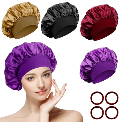 4 Pièces Bonnet Satin Cheveux Nuit et 4 Elastiques à Cheveux, Bonnet de Sommeil Chapeau Nuit en Satin à Large Band Élastique Bonnets de Nuit Doux pour Femmes Cheveux Longs Cheveux Bouclés