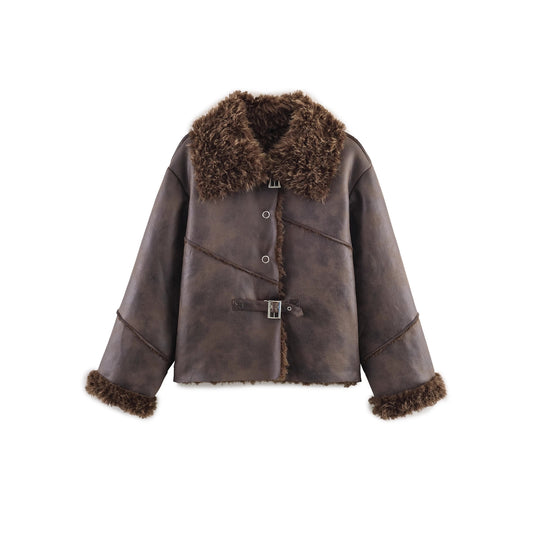 Versatile collar long sleeved fur one-piece jacket for women