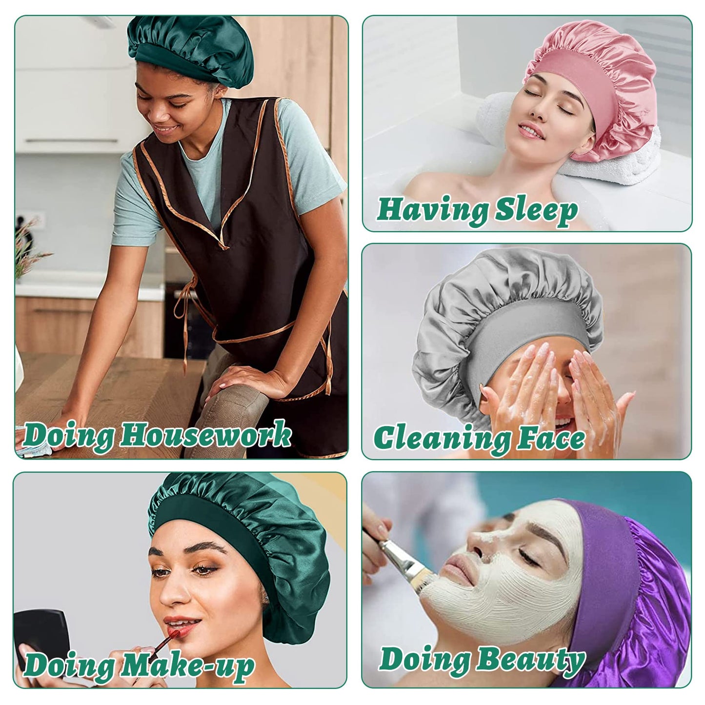 4 Pièces Bonnet Satin Cheveux Nuit et 4 Elastiques à Cheveux, Bonnet de Sommeil Chapeau Nuit en Satin à Large Band Élastique Bonnets de Nuit Doux pour Femmes Cheveux Longs Cheveux Bouclés
