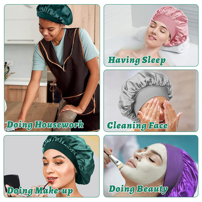 4 Pièces Bonnet Satin Cheveux Nuit et 4 Elastiques à Cheveux, Bonnet de Sommeil Chapeau Nuit en Satin à Large Band Élastique Bonnets de Nuit Doux pour Femmes Cheveux Longs Cheveux Bouclés