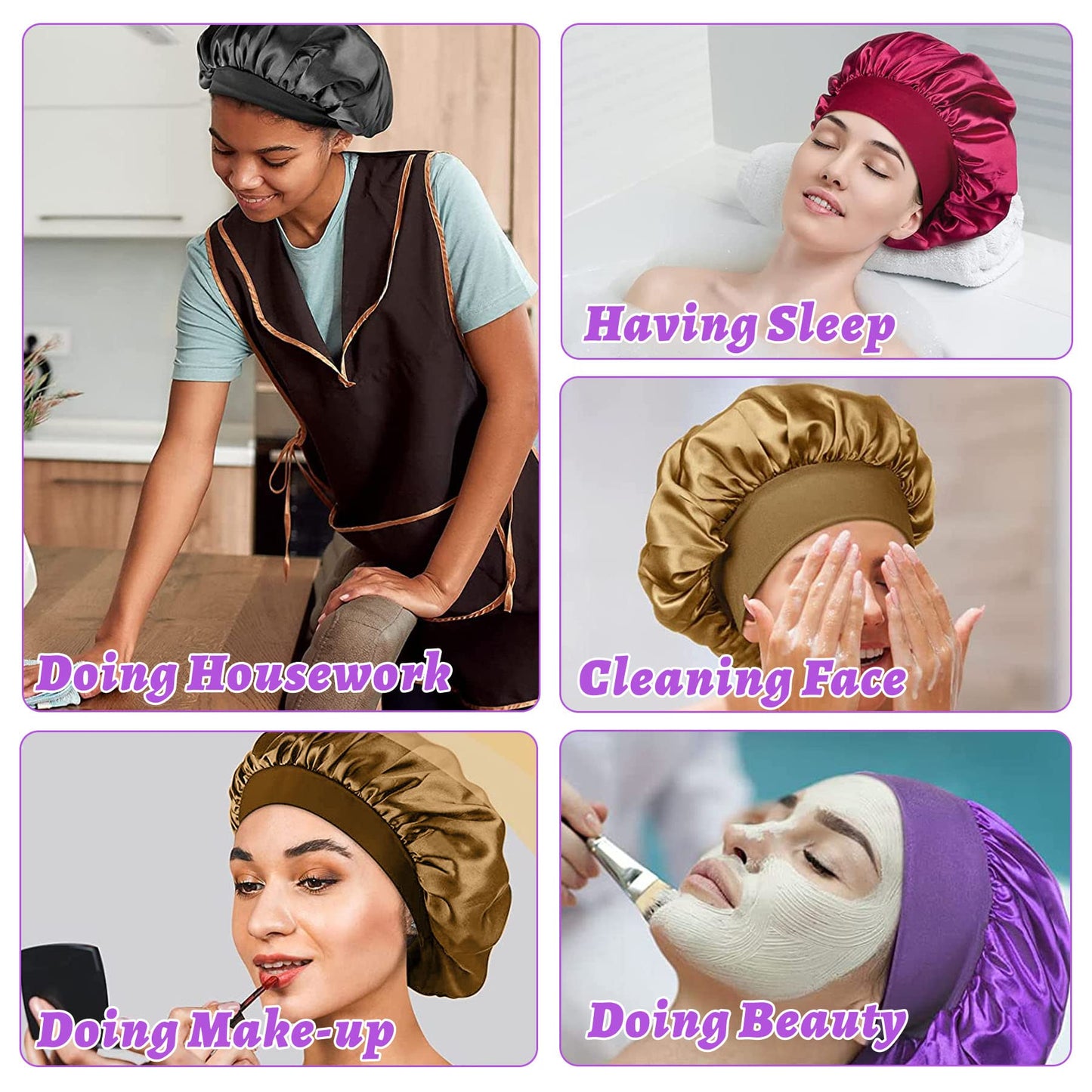 4 Pièces Bonnet Satin Cheveux Nuit et 4 Elastiques à Cheveux, Bonnet de Sommeil Chapeau Nuit en Satin à Large Band Élastique Bonnets de Nuit Doux pour Femmes Cheveux Longs Cheveux Bouclés