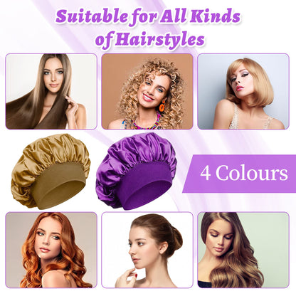 4 Pièces Bonnet Satin Cheveux Nuit et 4 Elastiques à Cheveux, Bonnet de Sommeil Chapeau Nuit en Satin à Large Band Élastique Bonnets de Nuit Doux pour Femmes Cheveux Longs Cheveux Bouclés