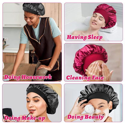 4 Pièces Bonnet Satin Cheveux Nuit et 4 Elastiques à Cheveux, Bonnet de Sommeil Chapeau Nuit en Satin à Large Band Élastique Bonnets de Nuit Doux pour Femmes Cheveux Longs Cheveux Bouclés