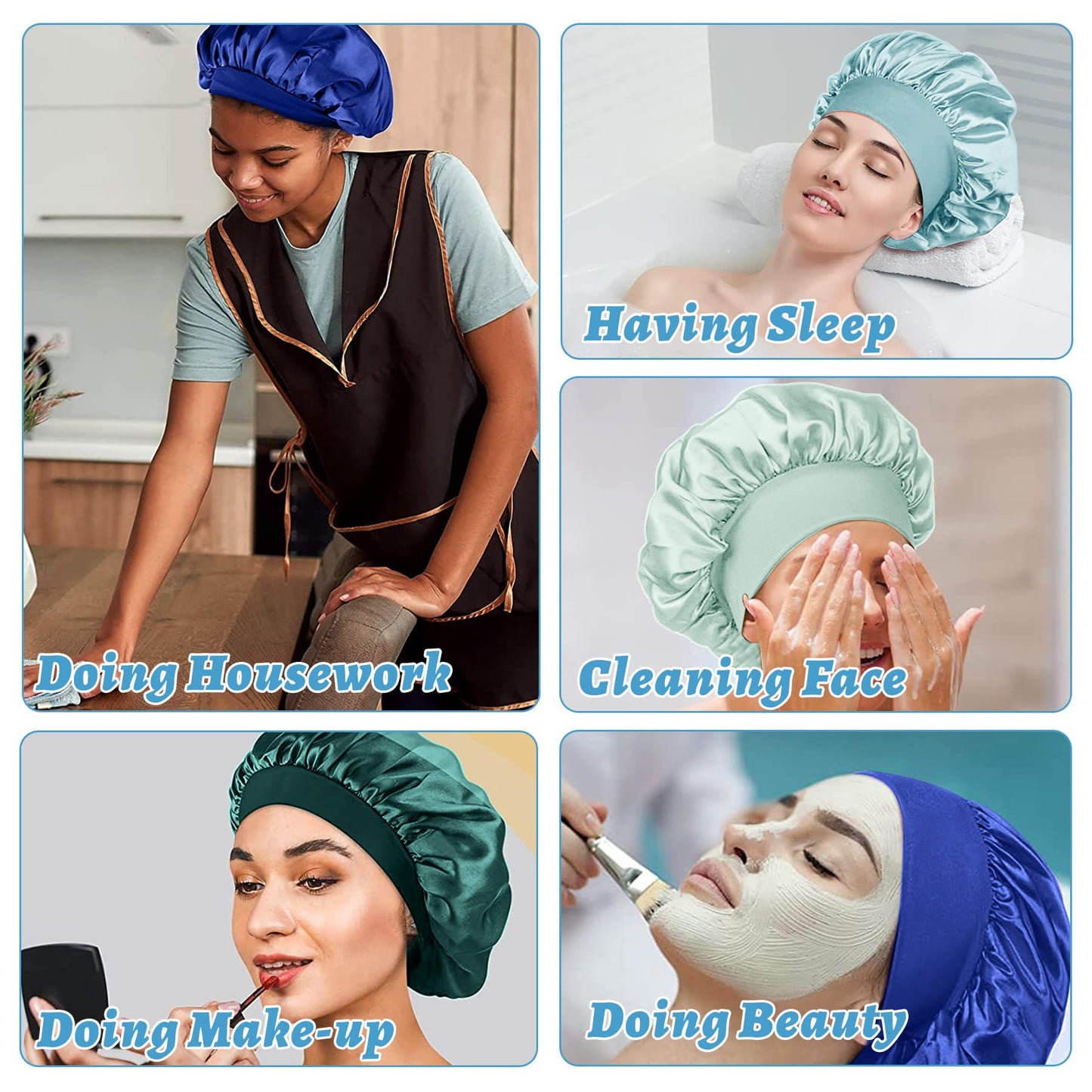 4 Pièces Bonnet Satin Cheveux Nuit et 4 Elastiques à Cheveux, Bonnet de Sommeil Chapeau Nuit en Satin à Large Band Élastique Bonnets de Nuit Doux pour Femmes Cheveux Longs Cheveux Bouclés