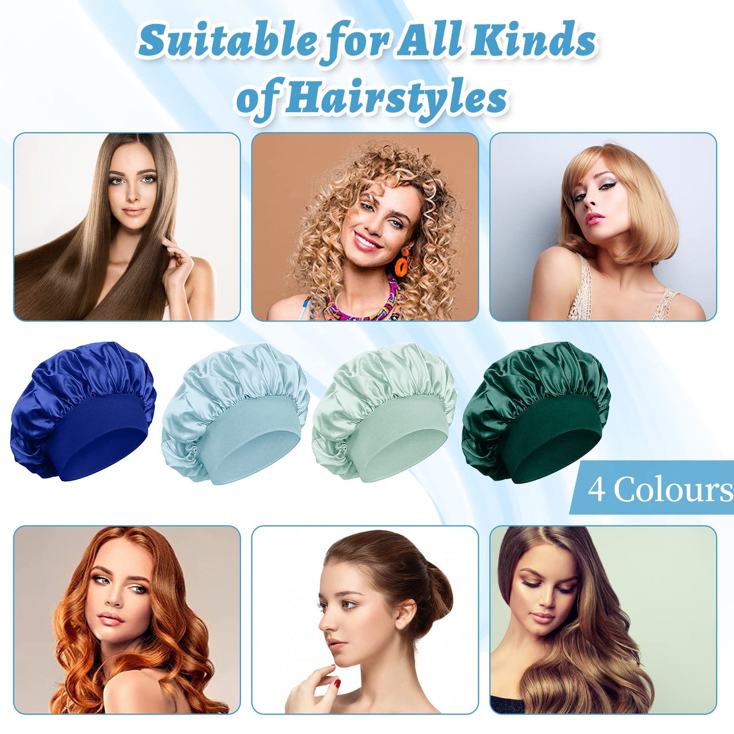 4 Pièces Bonnet Satin Cheveux Nuit et 4 Elastiques à Cheveux, Bonnet de Sommeil Chapeau Nuit en Satin à Large Band Élastique Bonnets de Nuit Doux pour Femmes Cheveux Longs Cheveux Bouclés