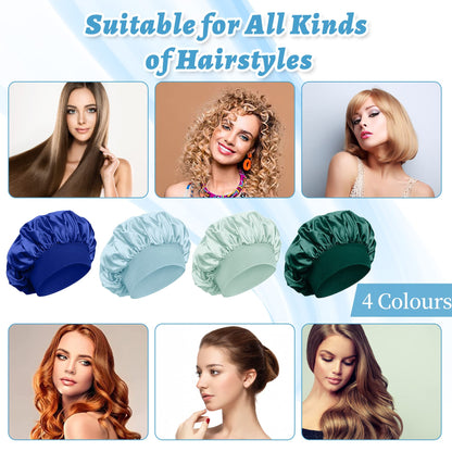 4 Pièces Bonnet Satin Cheveux Nuit et 4 Elastiques à Cheveux, Bonnet de Sommeil Chapeau Nuit en Satin à Large Band Élastique Bonnets de Nuit Doux pour Femmes Cheveux Longs Cheveux Bouclés