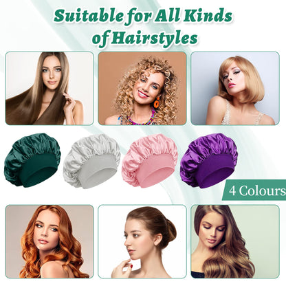 4 Pièces Bonnet Satin Cheveux Nuit et 4 Elastiques à Cheveux, Bonnet de Sommeil Chapeau Nuit en Satin à Large Band Élastique Bonnets de Nuit Doux pour Femmes Cheveux Longs Cheveux Bouclés