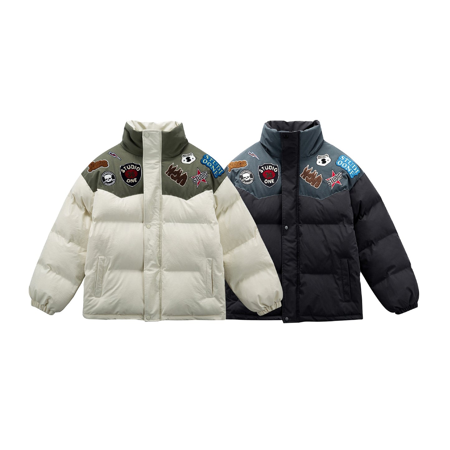 Manteau hiver Color Block  Stand-up Collar  Button Closure  Hooded  Cotton Coat