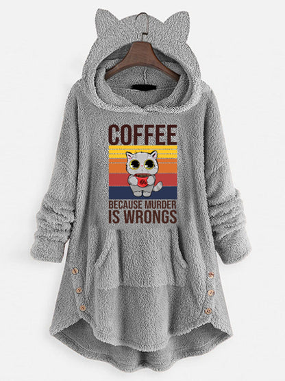 Sweat-shirt à manches longues à capuche en polaire avec oreilles de chat et motif imprimé