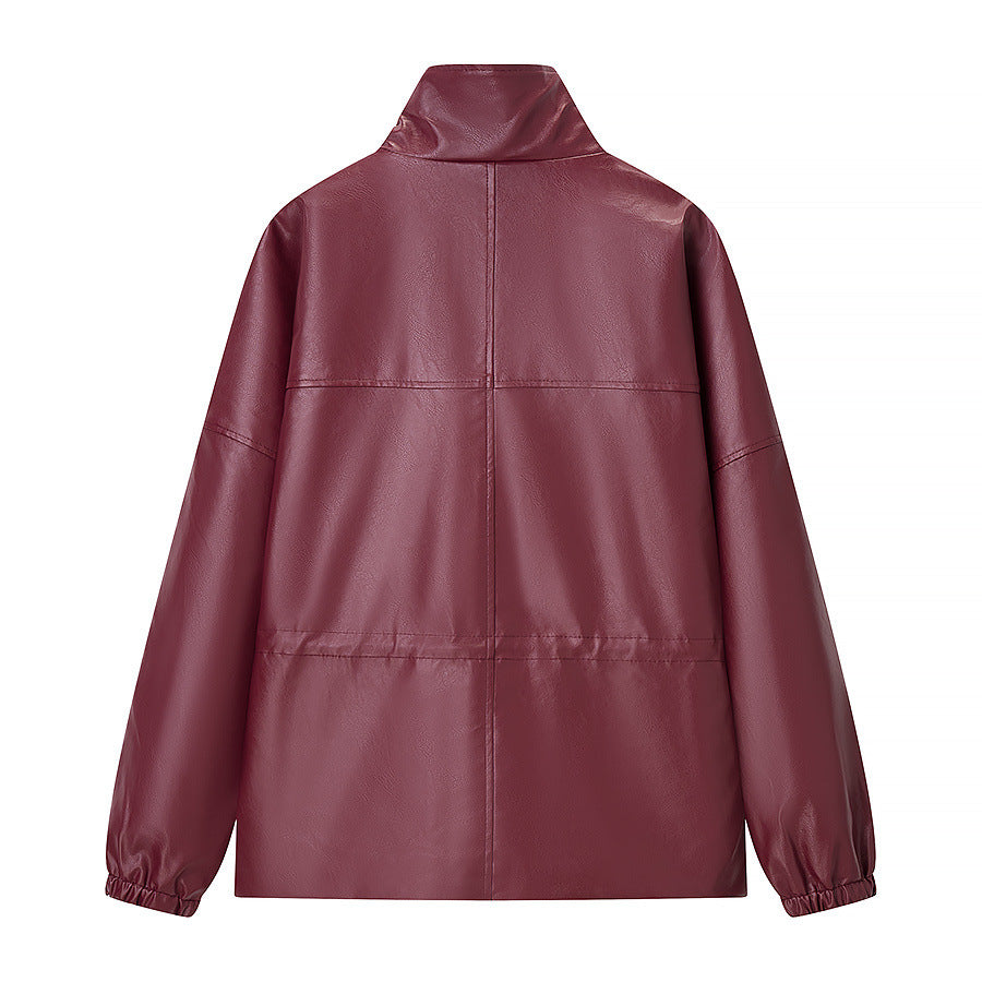 Long sleeved zipper long sleeved PU short leather jacket for women