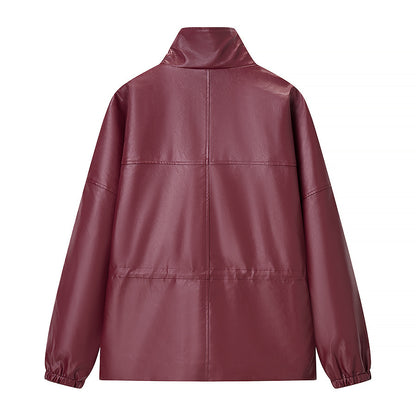 Long sleeved zipper long sleeved PU short leather jacket for women