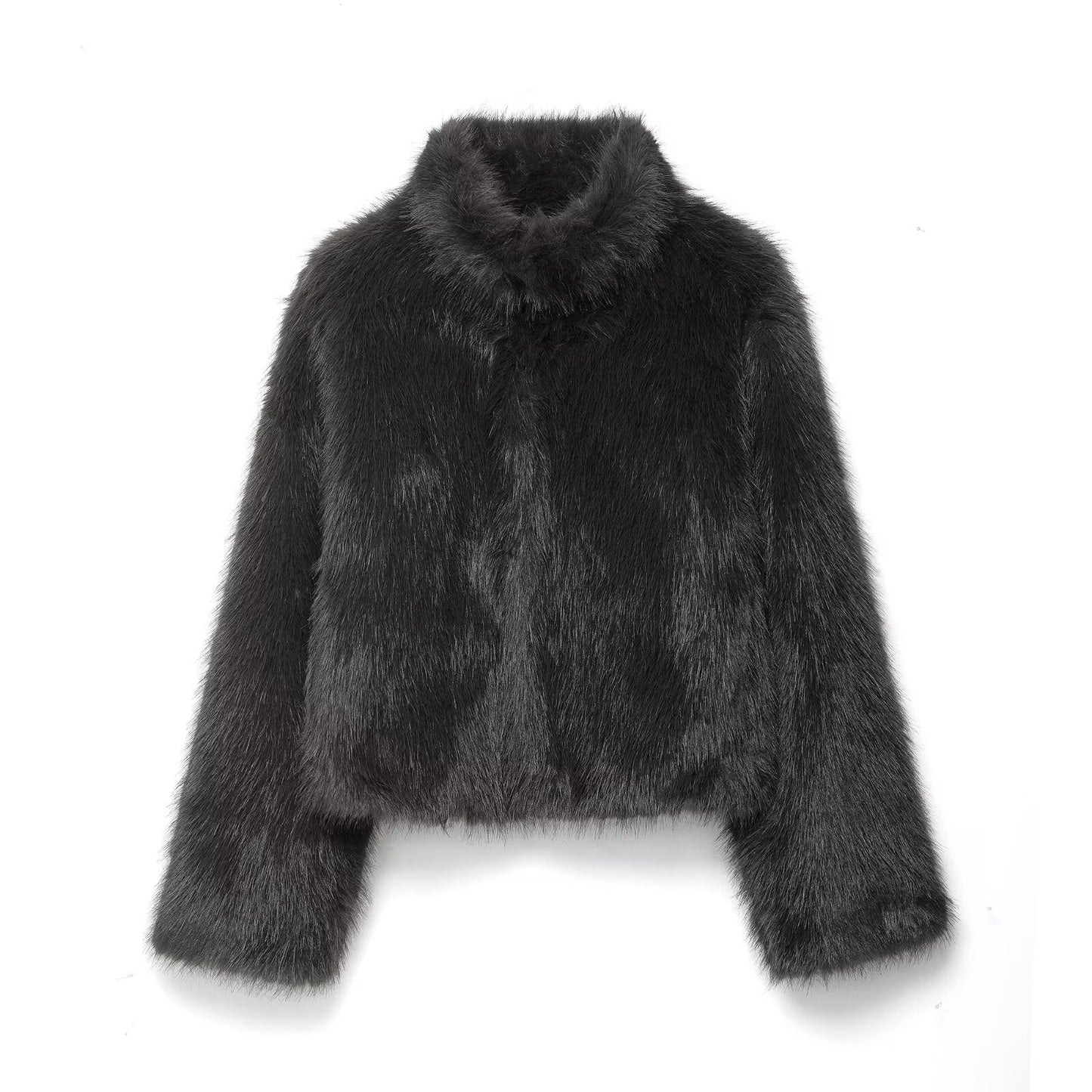 Temperament stand collar long sleeved faux fur coat for women