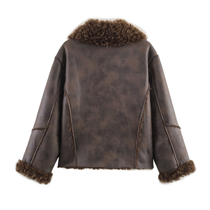 Versatile collar long sleeved fur one-piece jacket for women