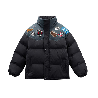 Manteau hiver Color Block  Stand-up Collar  Button Closure  Hooded  Cotton Coat