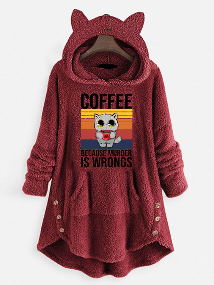 Sweat-shirt à manches longues à capuche en polaire avec oreilles de chat et motif imprimé