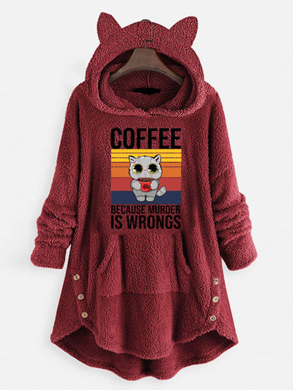 Sweat-shirt à manches longues à capuche en polaire avec oreilles de chat et motif imprimé