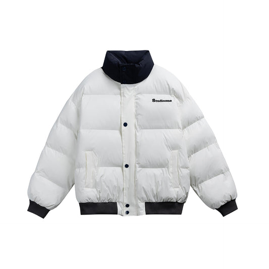 Manteau hiver Letter Embroidery Color Block Stand Collar Short Cotton Coat