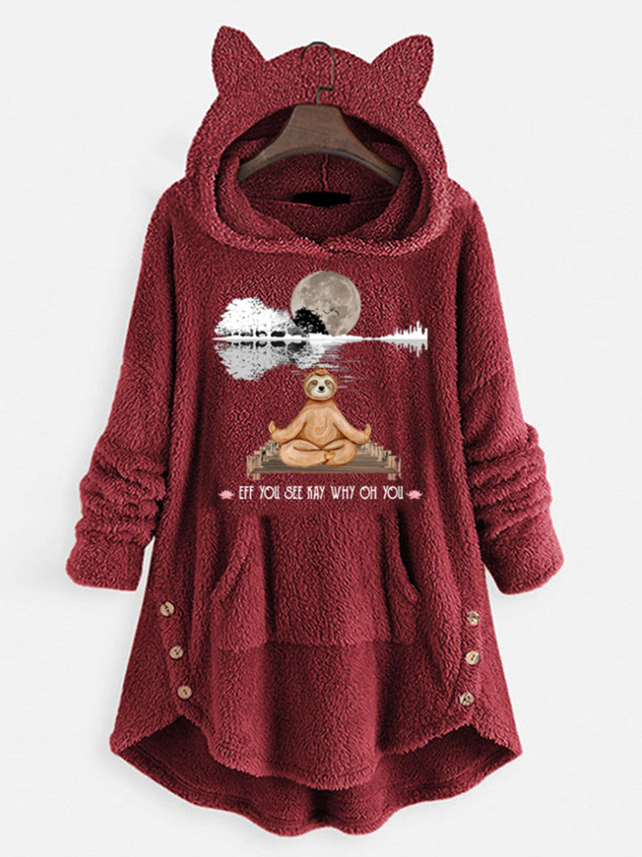 Sweat-shirt à manches longues à capuche en polaire avec oreilles de chat et motif imprimé