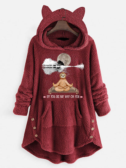 Sweat-shirt à manches longues à capuche en polaire avec oreilles de chat et motif imprimé