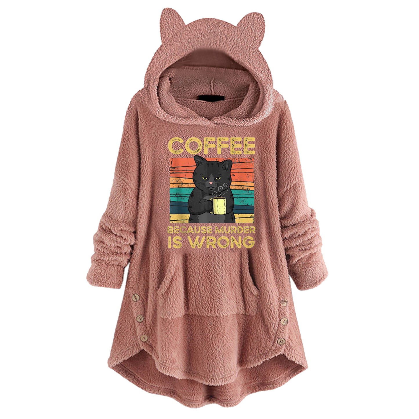 Sweat-shirt à manches longues à capuche en polaire avec oreilles de chat et motif imprimé