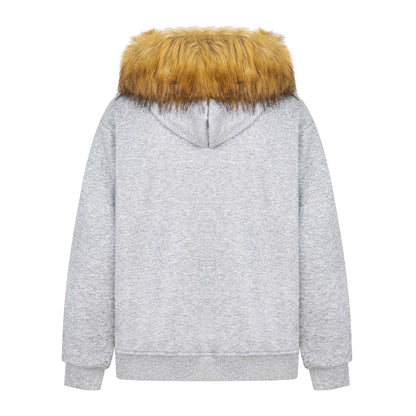 Manteau hiver Retro Letter Print Fleece Hooded Zip-Up Sweatshirt Unisex Streetwear Loose Casual Jacket