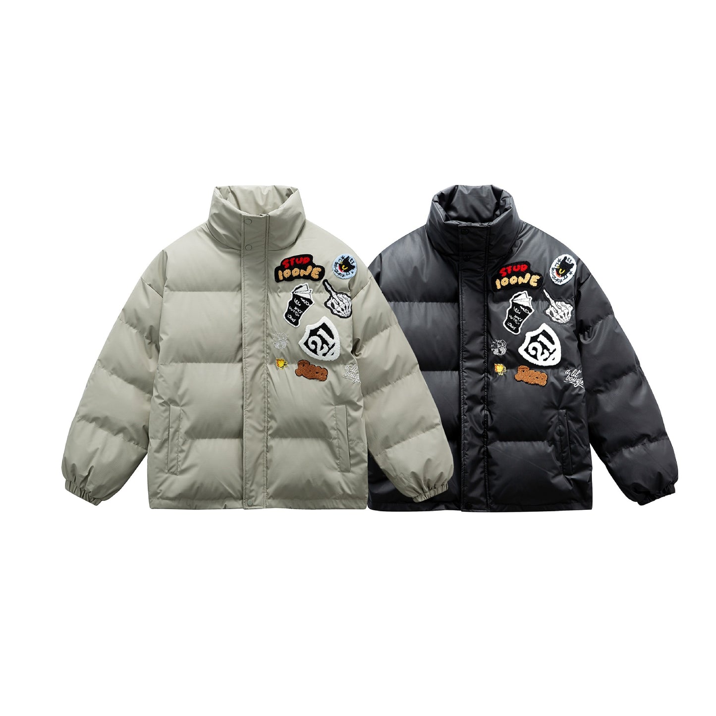 Manteau hiver PU Leather Zipper Stand-up Collar Loose Fit Cotton Coat for Couples