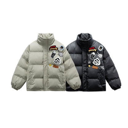 Manteau hiver PU Leather Zipper Stand-up Collar Loose Fit Cotton Coat for Couples