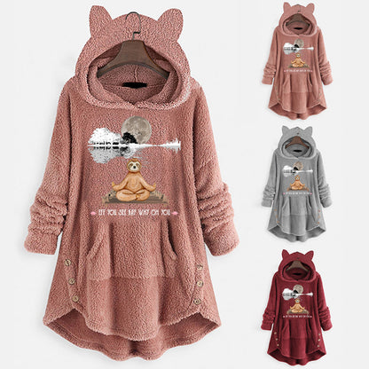 Sweat-shirt à manches longues à capuche en polaire avec oreilles de chat et motif imprimé