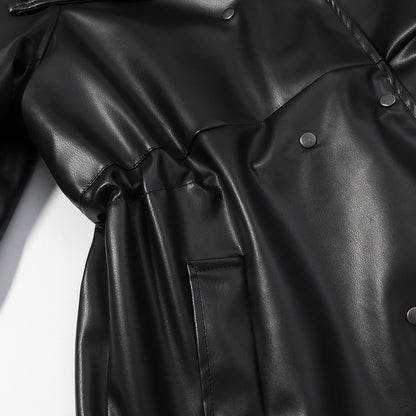 Temperament stand collar long sleeved single breasted black PU jacket with waist cinching for women