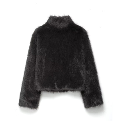 Temperament stand collar long sleeved faux fur coat for women