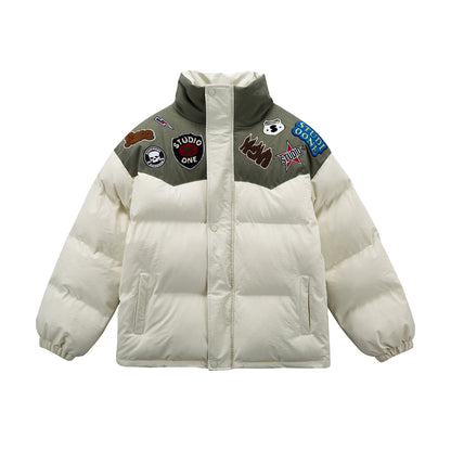 Manteau hiver Color Block  Stand-up Collar  Button Closure  Hooded  Cotton Coat