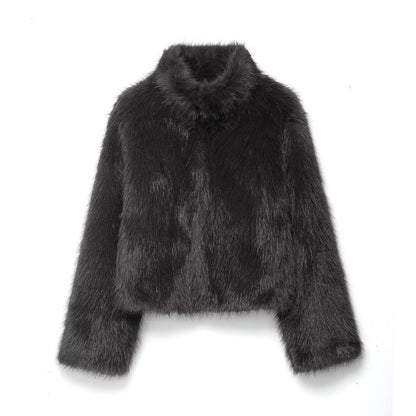 Temperament stand collar long sleeved faux fur coat for women