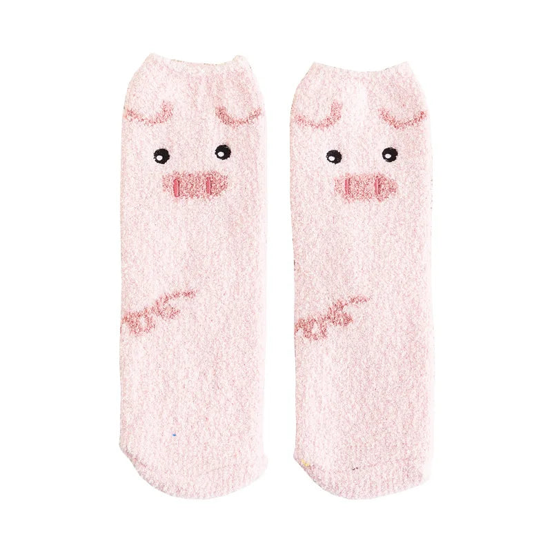 Jolis animaux de dessin animé en automne et en hiver, chaussettes chaudes en peluche, Tube central, chat, cochon, panda, chaussettes de couchage, chaussettes de sol pour la maison