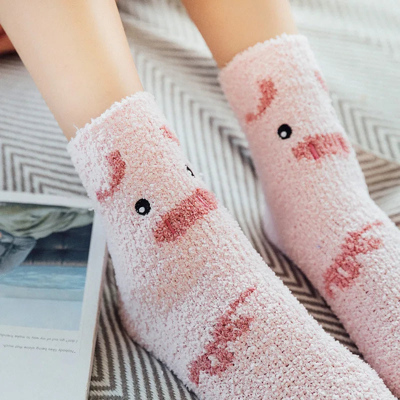 Jolis animaux de dessin animé en automne et en hiver, chaussettes chaudes en peluche, Tube central, chat, cochon, panda, chaussettes de couchage, chaussettes de sol pour la maison