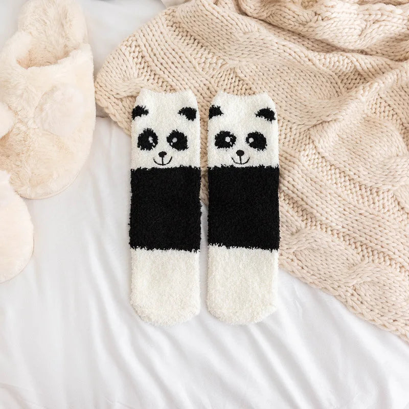 Jolis animaux de dessin animé en automne et en hiver, chaussettes chaudes en peluche, Tube central, chat, cochon, panda, chaussettes de couchage, chaussettes de sol pour la maison