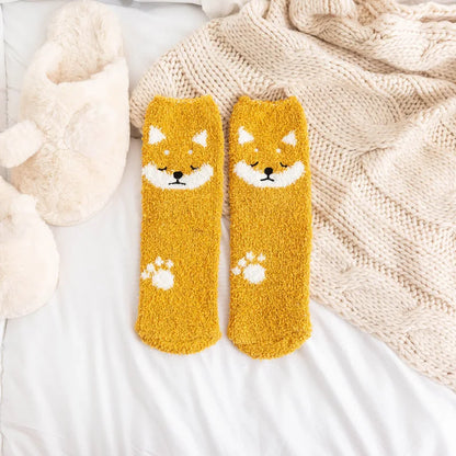 Jolis animaux de dessin animé en automne et en hiver, chaussettes chaudes en peluche, Tube central, chat, cochon, panda, chaussettes de couchage, chaussettes de sol pour la maison