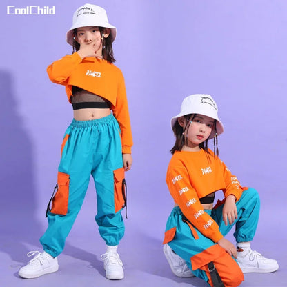 Hip Hop filles haut court contraste Cargo pantalon enfant Jazz Joggers Streetwear sweat enfants rue danse pom-pom girl vêtements ensembles