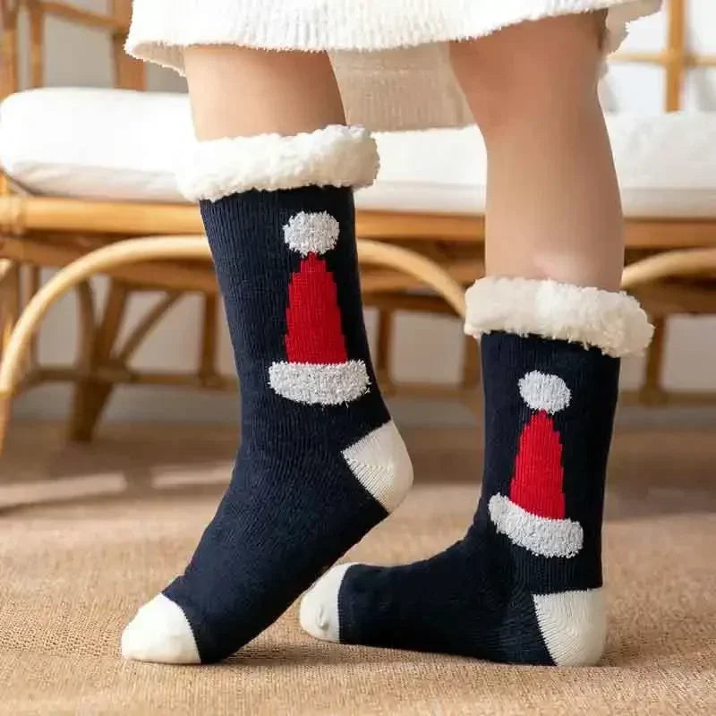 Cadeau de noël pantoufle chaussettes femmes thermique hiver chaud en peluche antidérapant poignée dormir sol chaussette courte floue moelleux femme dessin animé