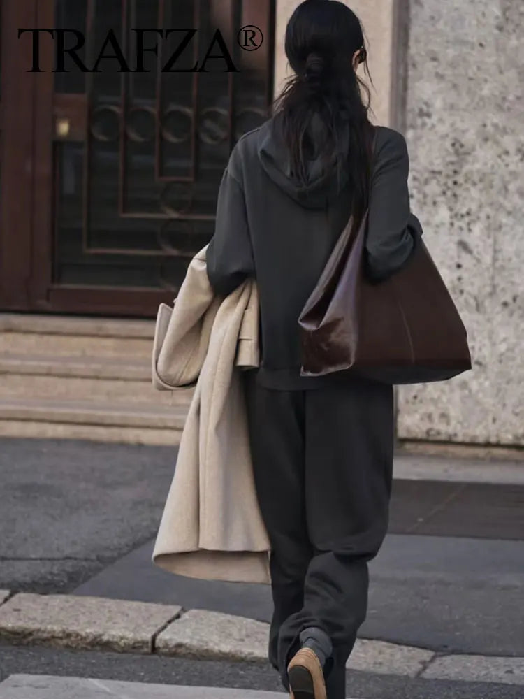 HH femmes solide décontracté sweat pantalon costume à manches longues à capuche polaire pull manteau ample pantalon droit automne femme ensemble