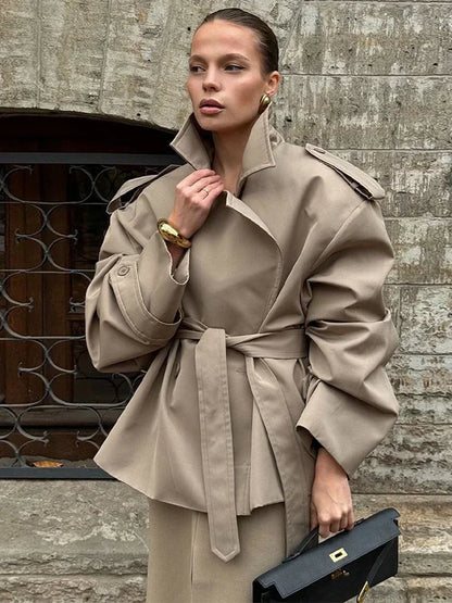 Trench-Coat court à lacets pour femme, décontracté, avec ceinture à revers, manches longues, boutons, court et fin, coupe-vent, Streetwear quotidien d'automne