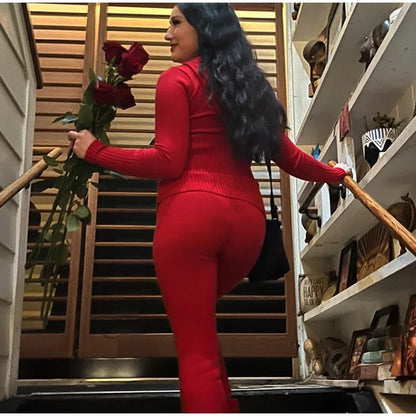 Tenue 2 pièces en tricot côtelé pour femmes, manches longues, fermeture éclair, coupe cintrée, haut court à capuche, pantalon Long élastique, ensemble survêtements Y2K