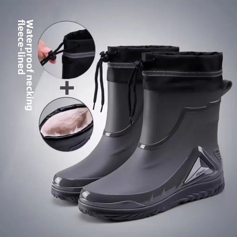 Chaussures de pluie imperméables pour hommes, chaussures de travail d'extérieur antidérapantes, doublées de polaire, bottes de pluie chaudes en coton, chaussures de cuisine pour hommes