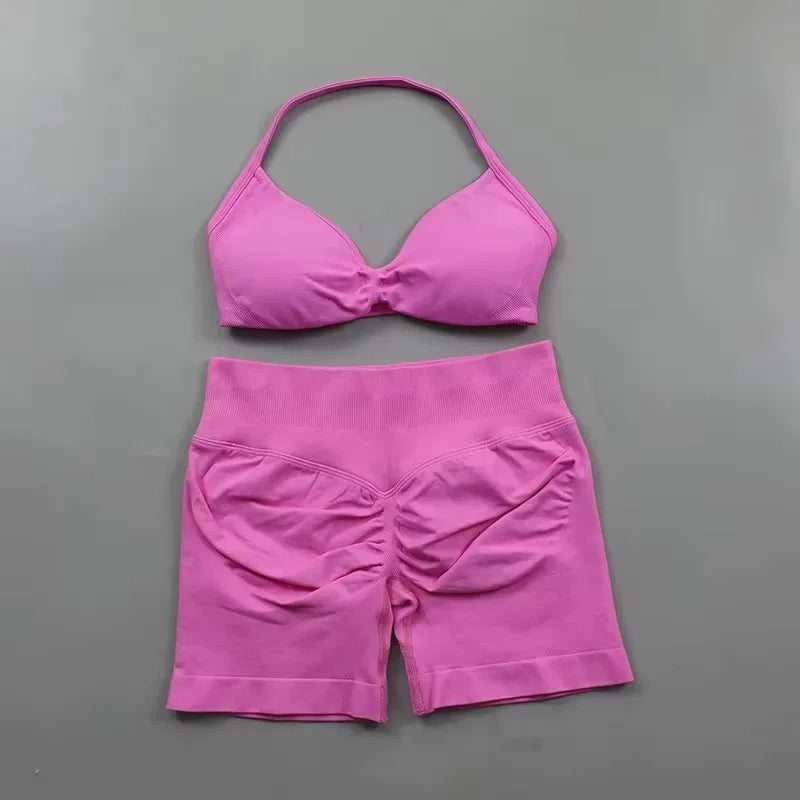 Ensemble de Yoga froncé sans couture pour femmes, vêtements de sport, short de gymnastique, soutien-gorge à bretelles, ensemble 2 pièces, col licou, vêtements d'entraînement, costume de Fitness