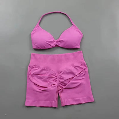 Ensemble de Yoga froncé sans couture pour femmes, vêtements de sport, short de gymnastique, soutien-gorge à bretelles, ensemble 2 pièces, col licou, vêtements d'entraînement, costume de Fitness