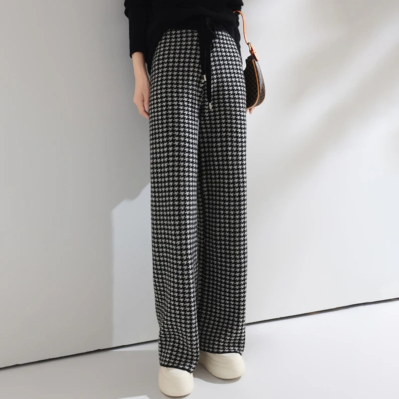 Pantalons en laine pour femmes, pantalons de sol amples en cachemire taille haute tricotés à la mode, pantalons à jambes larges pour femmes, nouvelle collection 2024